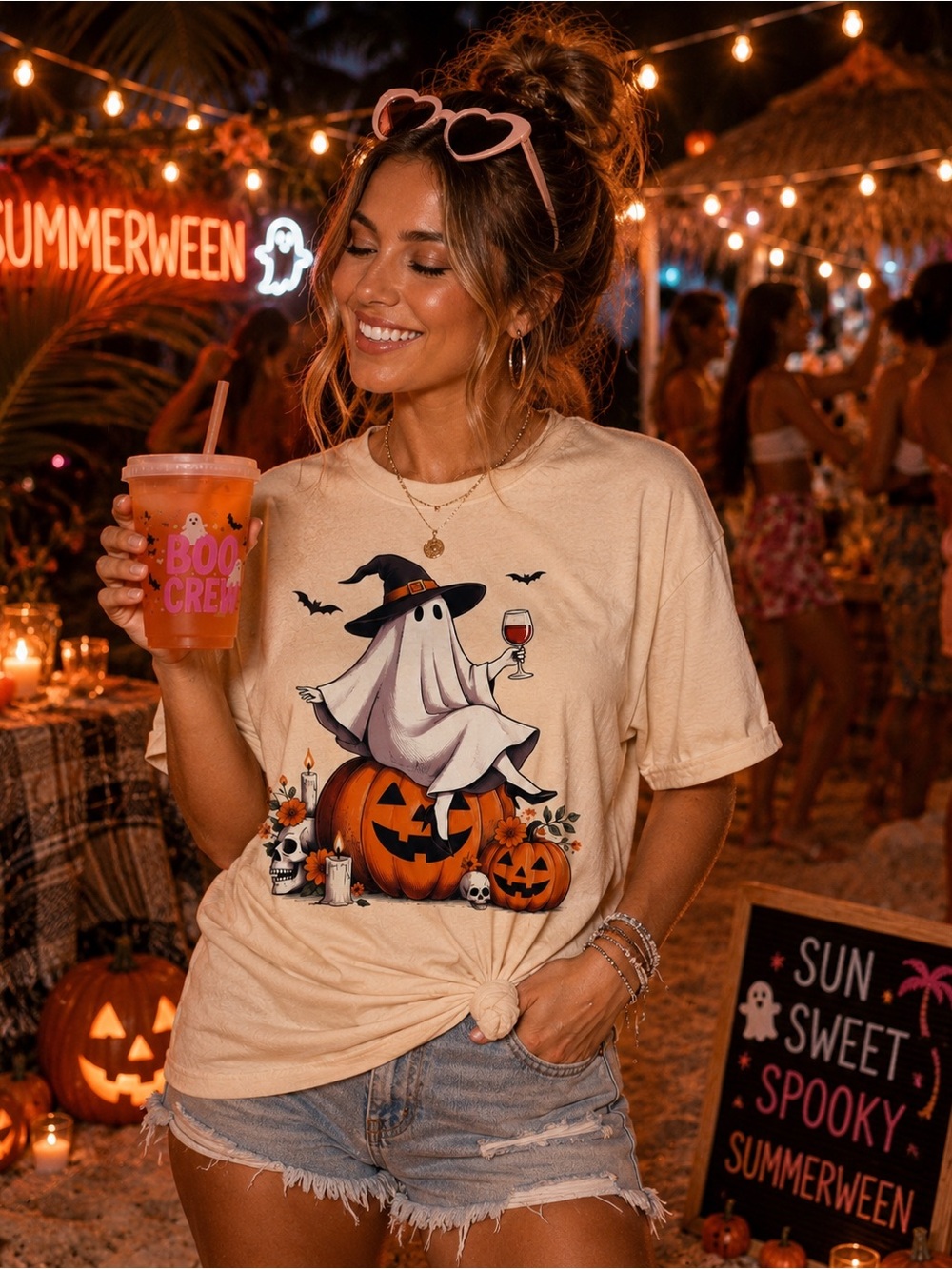 Summerween Ghost & Pumpkins Graphic Tee - Cream
